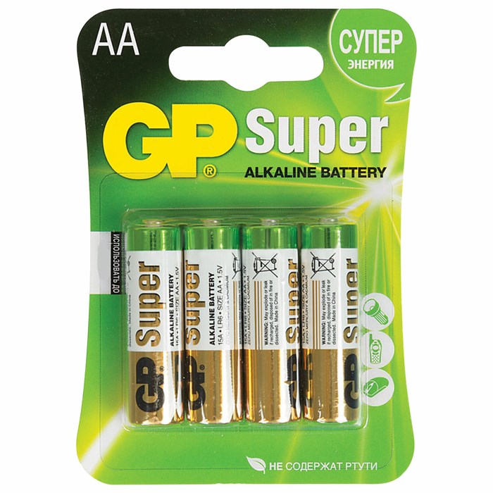 Батарейки КОМПЛЕКТ 4 шт., GP Super, AA (LR6, 15А), алкалиновые, пальчиковые, блистер 450434 - фото 106123