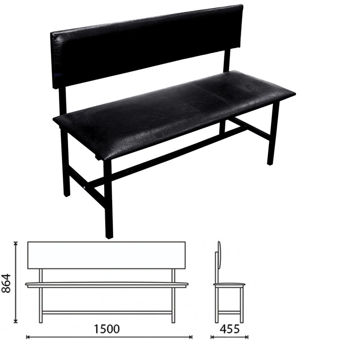 Банкетка со спинкой Берта 1500х455х864 мм, усиленная, черный каркас, кожзам черный 531265 - фото 110281