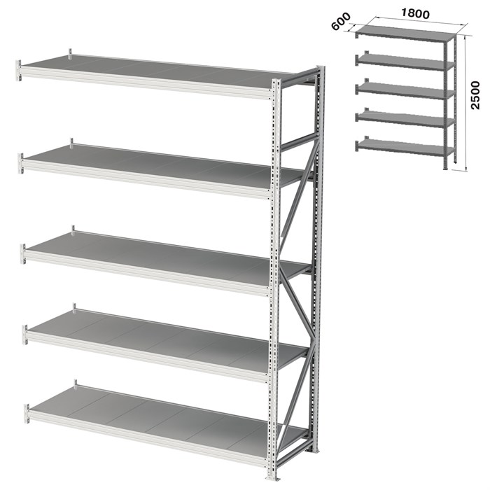Стеллаж металлический (ПРИСТАВНАЯ СЕКЦИЯ) ПРАКТИК "MS Pro", 2500х1800х600 мм, 5 полок (КОМПЛЕКТ) 981107 - фото 110402