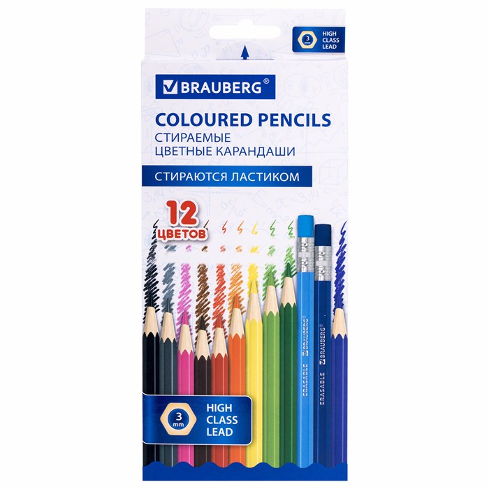 Карандаши цветные стираемые с ластиком BRAUBERG ERASABLE, 12 цветов, шестигранные, грифель 3 мм, натуральное дерево, 181932 181932 - фото 113902