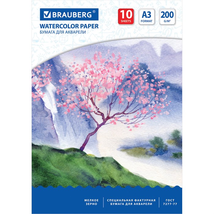 Бумага для акварели БОЛЬШАЯ А3, 10 л., 200 г/м2, 297х420 мм, BRAUBERG, Сакура, 125224 125224 - фото 118213