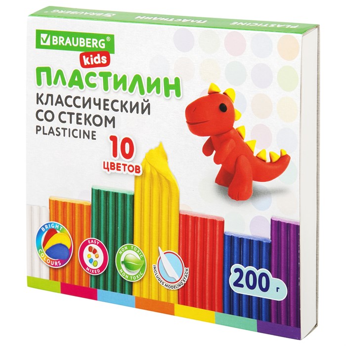 Пластилин классический BRAUBERG KIDS, 10 цветов, 200 г, со стеком, 106504 106504 - фото 120497