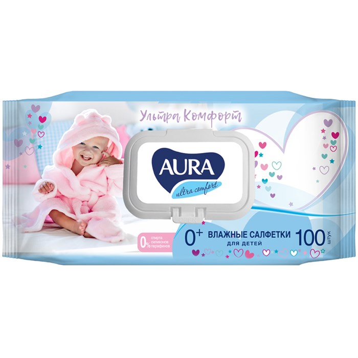 Салфетки влажные Aura "Ultra comfort", 100шт., детские, с алоэ, очищающие, без спирта, клапан O270362 - фото 123002