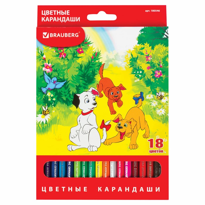 Карандаши цветные BRAUBERG "My lovely dogs", 18 цветов, шестигранные, грифель 3 мм, натуральное дерево, 180546 180546 - фото 144396