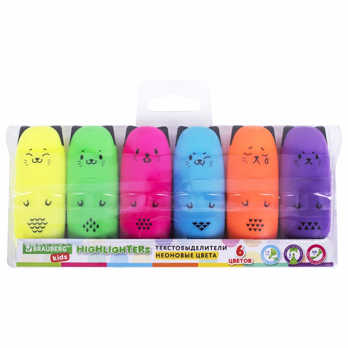 Набор текстовыделителей мини 6 ЦВЕТОВ BRAUBERG KIDS "CUTE CATS NEON", линия 1-5 мм, 152435 152435 - фото 155788