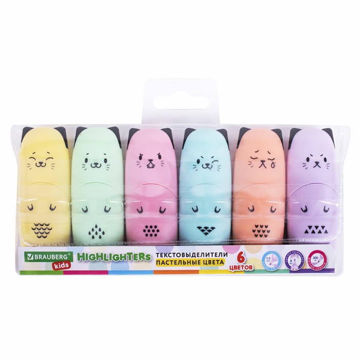 Набор текстовыделителей мини 6 ЦВЕТОВ BRAUBERG KIDS "CUTE CATS PASTEL", линия 1-5 мм, 152436 152436 - фото 155809