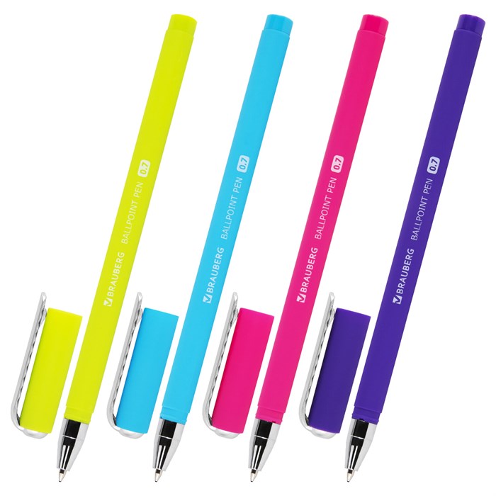 Ручка шариковая BRAUBERG SOFT TOUCH STICK "NEON", СИНЯЯ, мягкое покрытие, корпус ассорти, узел 0,7 мм, 143697 143697 - фото 174002