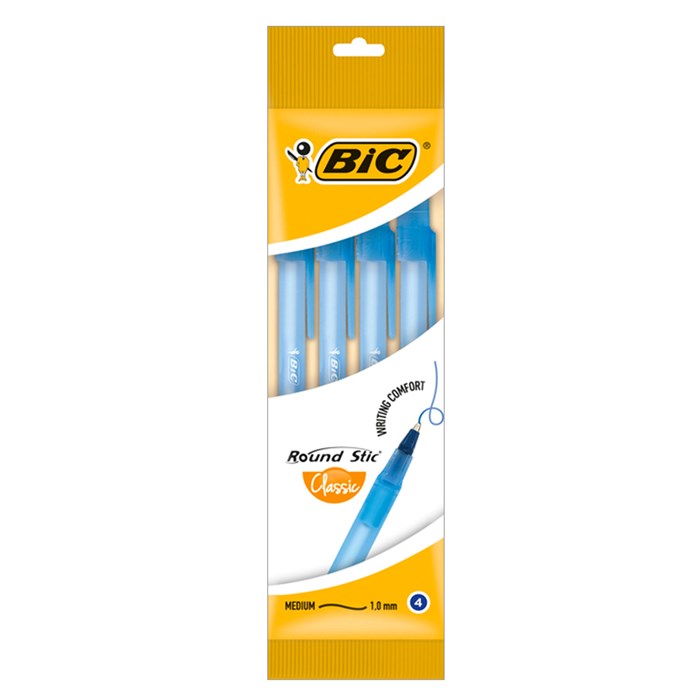 Ручки шариковые BIC "Round Stic", НАБОР 4 шт., СИНИЕ, узел 1 мм, линия письма 0,32 мм, пакет, 944176 143975 - фото 175063