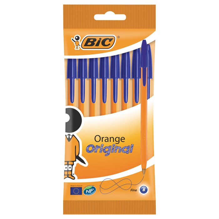 Ручки шариковые BIC "Orange Fine", НАБОР 8 шт., СИНИЕ, линия письма 0,32 мм, пакет, 919228 143982 - фото 175704