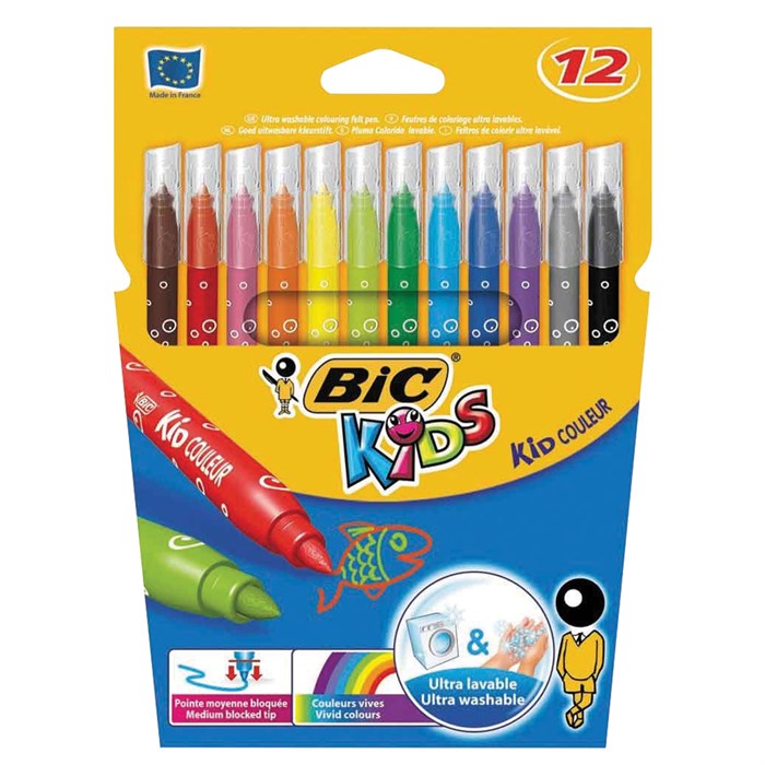 Фломастеры BIC "Kid Couleur", 12 цветов, суперсмываемые, вентилируемый колпачок, европодвес, 9202932 150647 - фото 186052