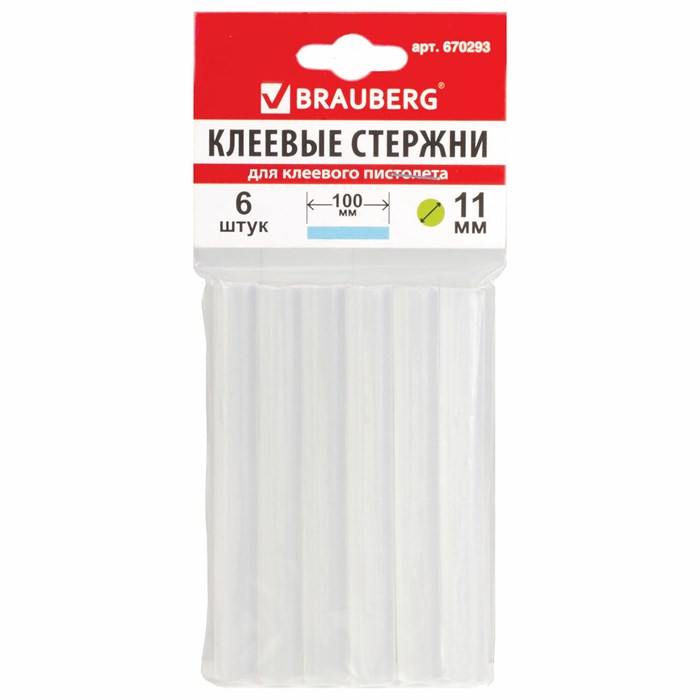 Клеевые стержни, диаметр 11 мм, длина 100 мм, прозрачные, комплект 6 шт., BRAUBERG, европодвес, 670293 670293 - фото 237813