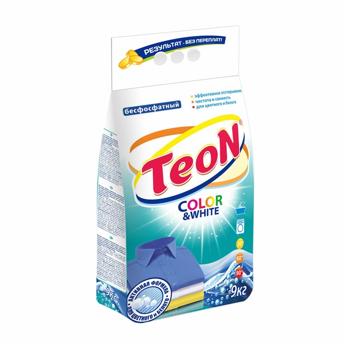 Стиральный порошок для всех типов стирки 9 кг TEON Color&White, бесфосфатный, 650 608664 - фото 244091