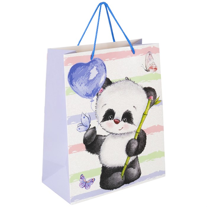 Пакет подарочный (1 штука) 26x13x32 см, ЗОЛОТАЯ СКАЗКА "Lovely Panda", глиттер, белый с голубым, 608241 608241 - фото 254398