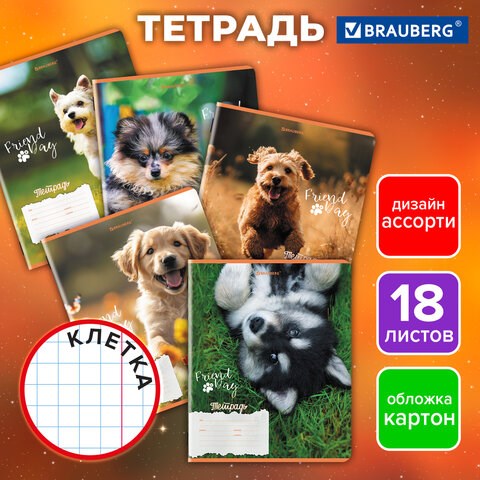 Тетрадь 18 л. BRAUBERG клетка, обложка картон, СОБАЧКИ, 107295 107295 - фото 267354