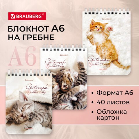 Блокнот МАЛЫЙ ФОРМАТ А6 108х145 мм, 40 л., гребень, картон, клетка, BRAUBERG, "Милые котята", 114391 114391 - фото 268003