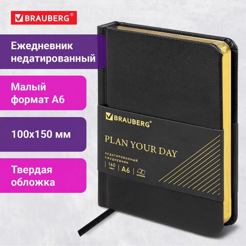 Ежедневник недатированный МАЛЫЙ ФОРМАТ А6, 100х150 мм, BRAUBERG "Iguana", кожзам, 160 л., черный, 125104 125104 - фото 268645