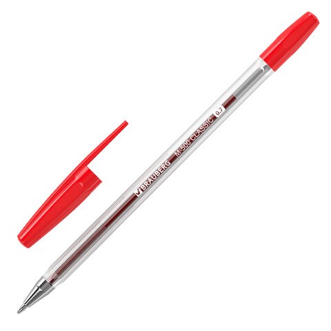 Ручка шариковая BRAUBERG "M-500 CLASSIC", КРАСНАЯ, корпус прозрачный, узел 0,7 мм, линия письма 0,35 мм, 143446 143446 - фото 269496