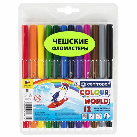 Фломастеры 12 ЦВЕТОВ CENTROPEN "Colour World", круглые, смываемые, 7550/12TP, 7 7550 1284 151167 - фото 270070