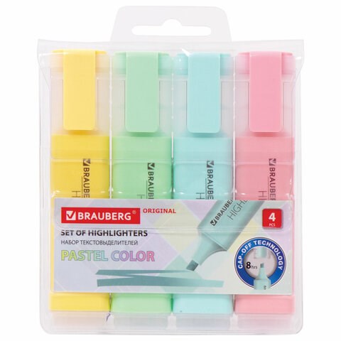 Набор текстовыделителей 4 ЦВЕТА, BRAUBERG "ORIGINAL PASTEL", линия письма 1-5 мм, 151697 151697 - фото 270213