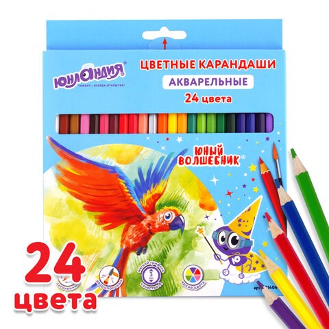 Карандаши цветные акварельные ЮНЛАНДИЯ "ЮНЫЙ ВОЛШЕБНИК", 24 цвета, шестигранные, грифель 3 мм, натуральное дерево, 181404 181404 - фото 270694