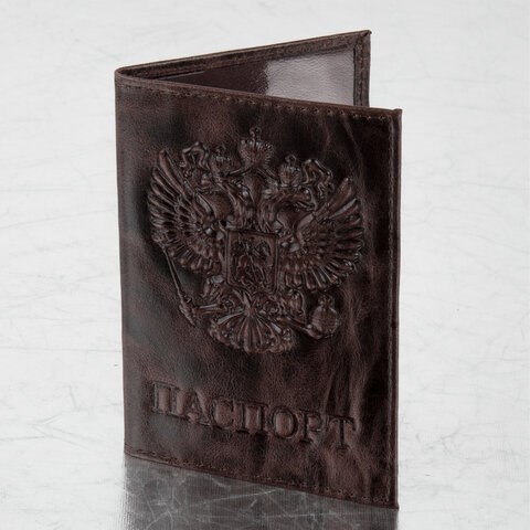 Обложка для паспорта натуральная кожа пулап, 3D герб + тиснение "ПАСПОРТ", темно-коричневая, BRAUBERG, 238194 238194 - фото 273845