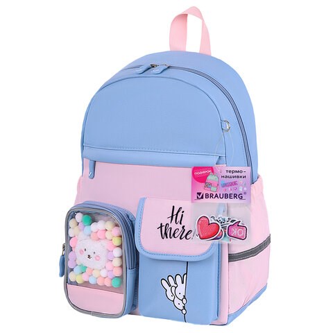 Рюкзак BRAUBERG PASTEL с термонашивками в комплекте, "Friendly bunnies", голубой, 40х29х14 см, 271423 271423 - фото 274446