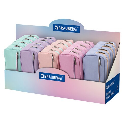 Пенал мягкий BRAUBERG, 2 отделения, ассорти 5 цветов, "Pastel", 21х9,5х5 см, дисплей, 271579 271579 - фото 274475