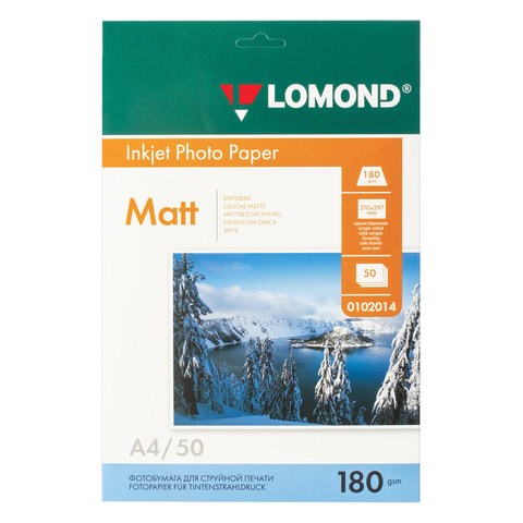 Фотобумага матовая, А4, 180 г/м2, односторонняя, 50 листов, LOMOND, 0102014 360931 - фото 275985