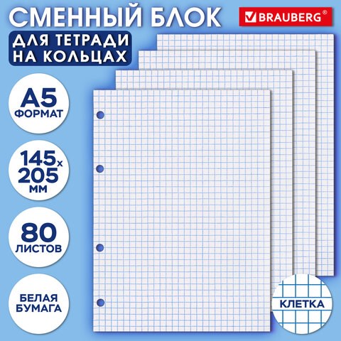 Сменный блок для тетради на кольцах А5, 80 л., BRAUBERG, Белый, 404612 404612 - фото 278509
