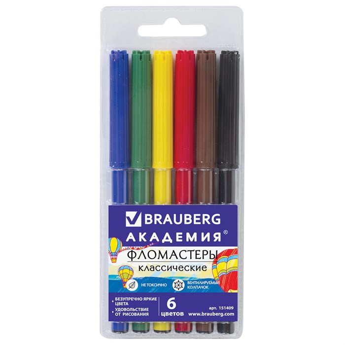 Фломастеры BRAUBERG АКАДЕМИЯ, 6 цветов, вентилируемый колпачок, ПВХ упаковка, 151409 151409 - фото 28107