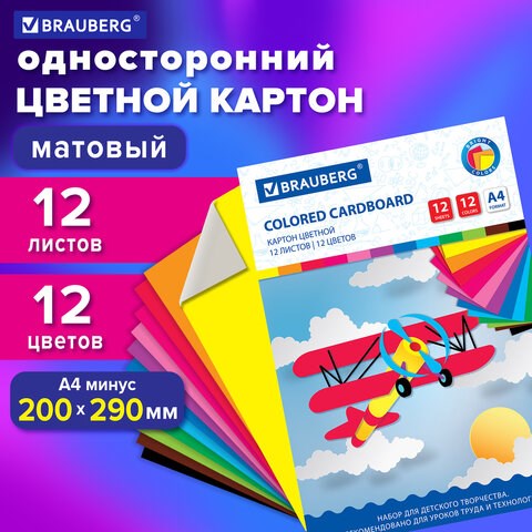 Картон цветной А4 немелованный, 12 листов 12 цветов, в папке, BRAUBERG, 200х290 мм, "Самолет", 11355 113556 - фото 287065