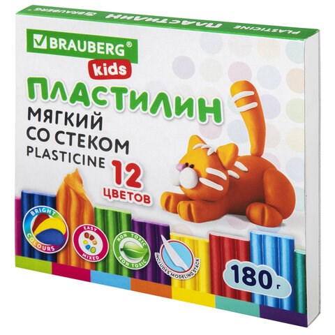 Пластилин мягкий восковой BRAUBERG KIDS, 12 цветов, 180 г, со стеком, 106495 106495 - фото 291188