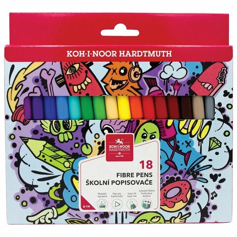 Фломастеры KOH-I-NOOR "TEENAGE" 1002, 18 цветов, смываемые, картонная упаковка, европодвес, 771002AH23KS 152613 - фото 294406