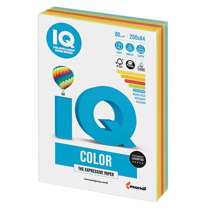 Бумага цветная IQ color, А4, 80 г/м2, 250 л., (5 цветов x 50 листов), микс интенсив, RB02 110691 - фото 29611