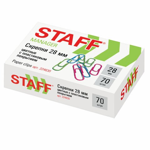 Скрепки STAFF "Manager", 28 мм, цветные, 70 шт., в картонной коробке, Россия, 224630 224630 - фото 296161