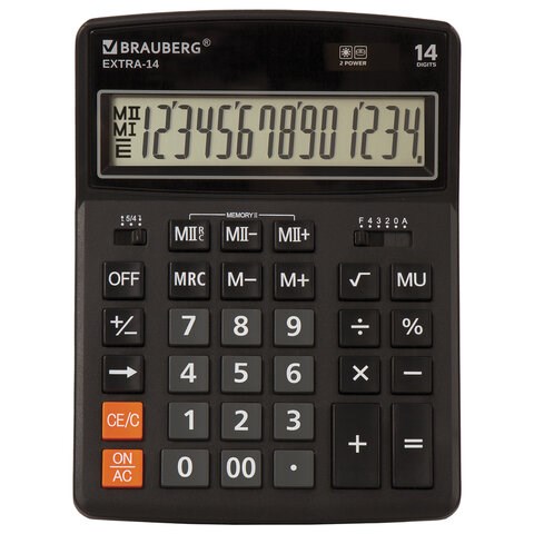 Калькулятор настольный BRAUBERG EXTRA-14-BK (206x155 мм), 14 разрядов, двойное питание, ЧЕРНЫЙ, 250474 250474 - фото 297931