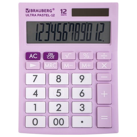 Калькулятор настольный BRAUBERG ULTRA PASTEL-12-PR (192x143 мм), 12 разрядов, двойное питание, СИРЕНЕВЫЙ, 250505 250505 - фото 297958