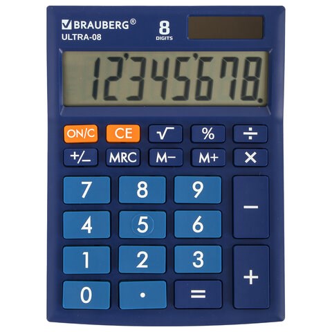 Калькулятор настольный BRAUBERG ULTRA-08-BU, КОМПАКТНЫЙ (154x115 мм), 8 разрядов, двойное питание, СИНИЙ, 250508 250508 - фото 297960