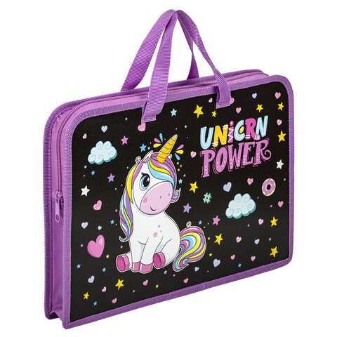Папка на молнии с ручками ЮНЛАНДИЯ А4, 1 отделение, пластик, ширина 45 мм, "Magic unicorn", 270944 270944 - фото 298206