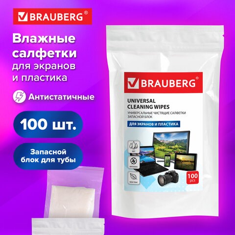 Салфетки для экранов всех типов и пластика (запасной блок) BRAUBERG, пакет 100 шт., влажные, 511685 511685 - фото 303626