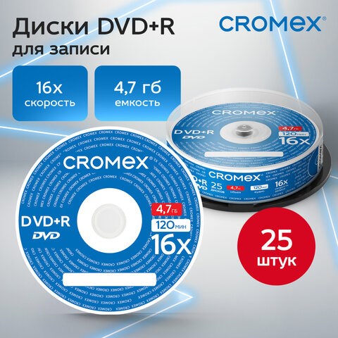 Диски DVD+R (плюс) CROMEX, 4,7 Gb, 16x, Cake Box (упаковка на шпиле), КОМПЛЕКТ 25 шт., 513777 513777 - фото 303876