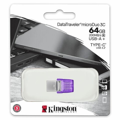 Флеш-диск 64 GB KINGSTON DataTraveler microDuo 3C, разъем USB 3.2, Type-C, фиолетовый, DTDUO3CG3/64GB 514072 - фото 303985