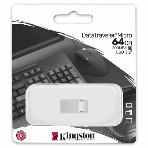 Флеш-диск 64 GB, KINGSTON DataTraveler Micro USB 3.2, металлический корпус, серебристый, DTMC3G2/64GB 514074 - фото 303987