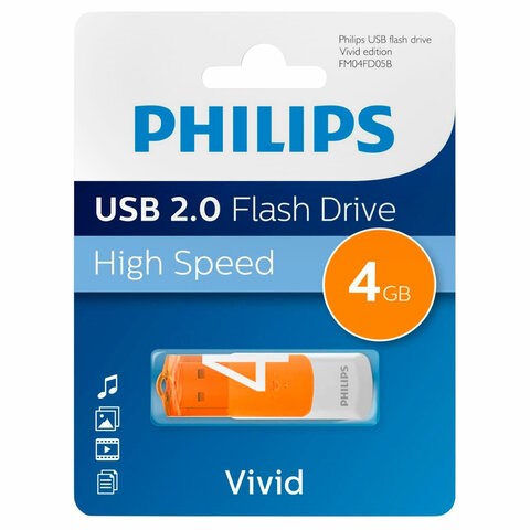 Флеш-диск 4 GB PHILIPS VIVID, разъем USB 2.0, оранжевый, FM04FD05B/97 514087 - фото 303999