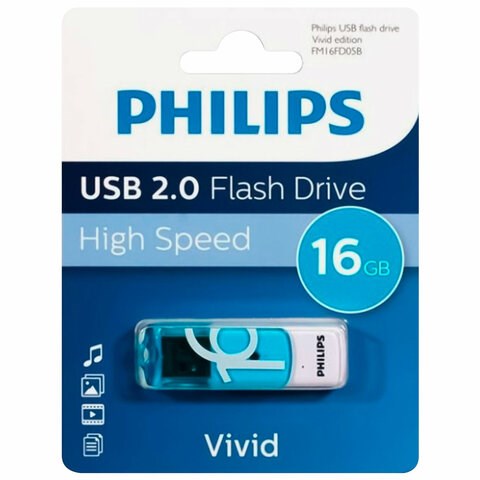 Флеш-диск 16 GB PHILIPS VIVID, разъем USB 2.0, синий, FM16FD05B/97 514089 - фото 304001