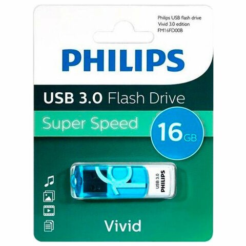 Флеш-диск 16 GB PHILIPS VIVID, разъем USB 3.0, синий, FM16FD00B/97 514094 - фото 304006