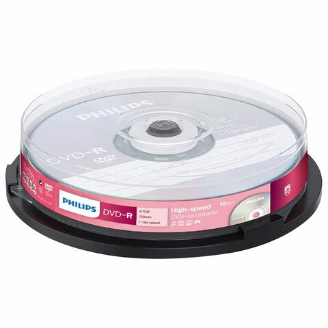 Диски DVD-R PHILIPS, 4,7 Гб 16x Cake Box (упаковка на шпиле), КОМПЛЕКТ 10 шт, DM4S6B10F/97 514196 - фото 304042