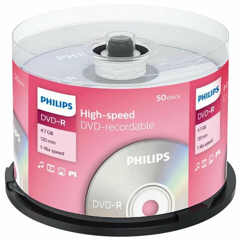 Диски DVD-R PHILIPS, 4,7 Гб 16x Cake Box (упаковка на шпиле), КОМПЛЕКТ 50 шт, DM4S6B50F/97 514197 - фото 304043