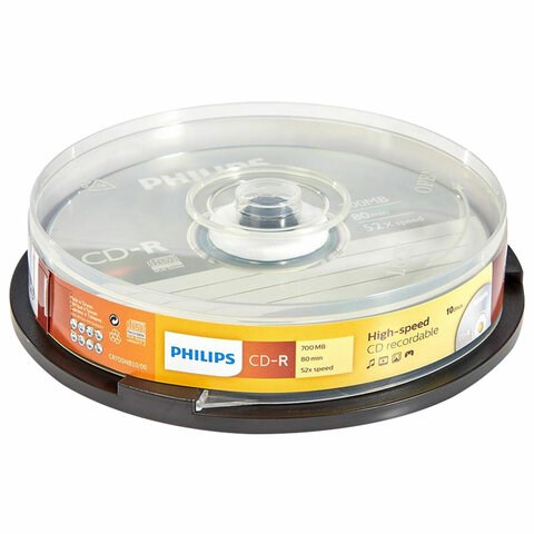 Диски CD-R PHILIPS, 700 Мб 52x Cake Box (упаковка на шпиле) КОМПЛЕКТ 10 шт, CR7D5SB10/97 514199 - фото 304044