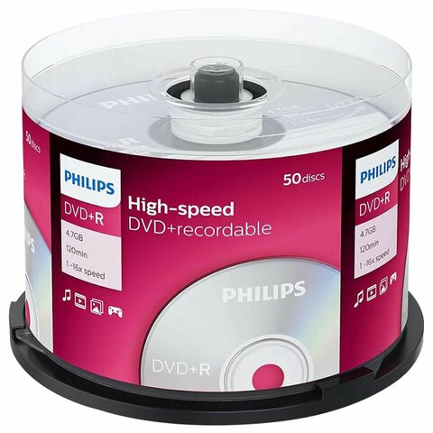 Диски DVD+R (плюс) PHILIPS, 4,7 Гб 16x Cake Box (упаковка на шпиле), КОМПЛЕКТ 50 шт, DR4S6B50F/97 514203 - фото 304048
